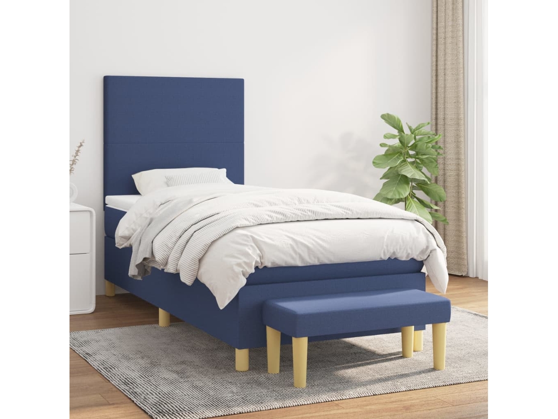Cama Box Spring Con Colchón Tela Azul 100x200 Cm