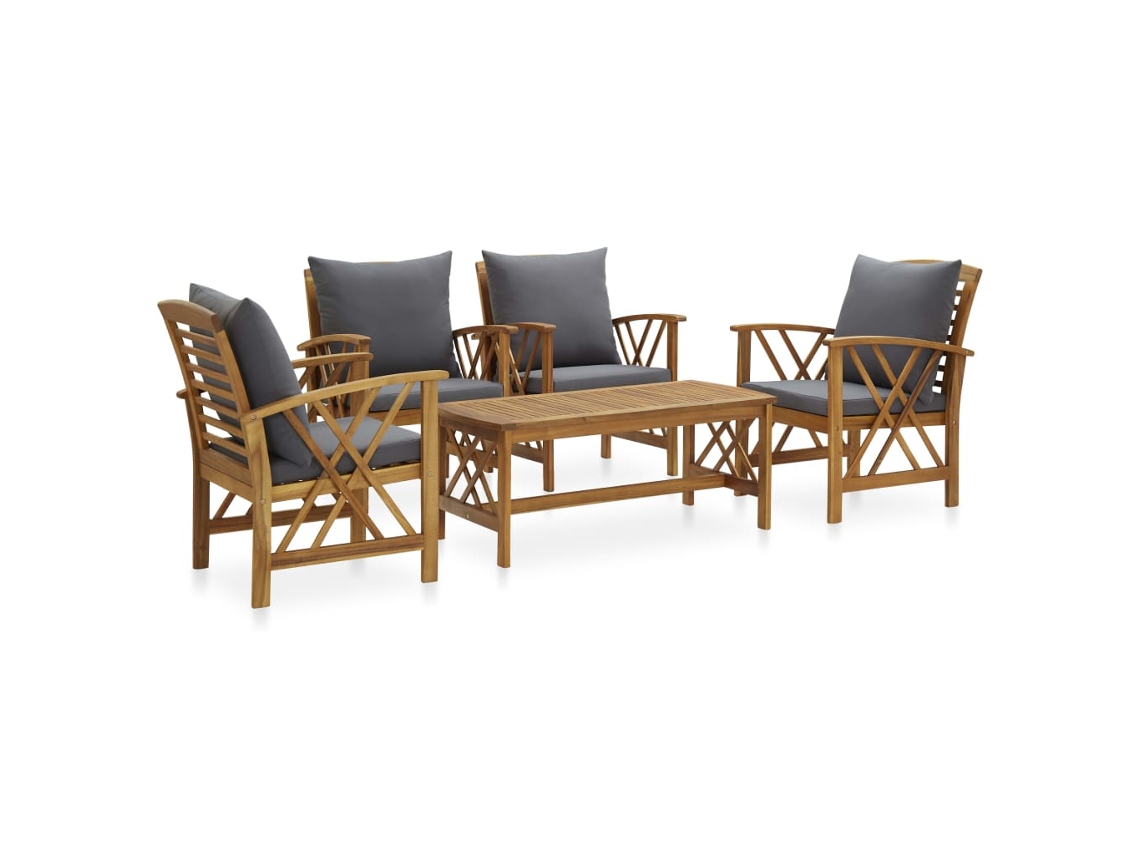 Conjunto 5 Peças Garden Lounge Con Almofadões Acácia Maciça Dkd Home Decor