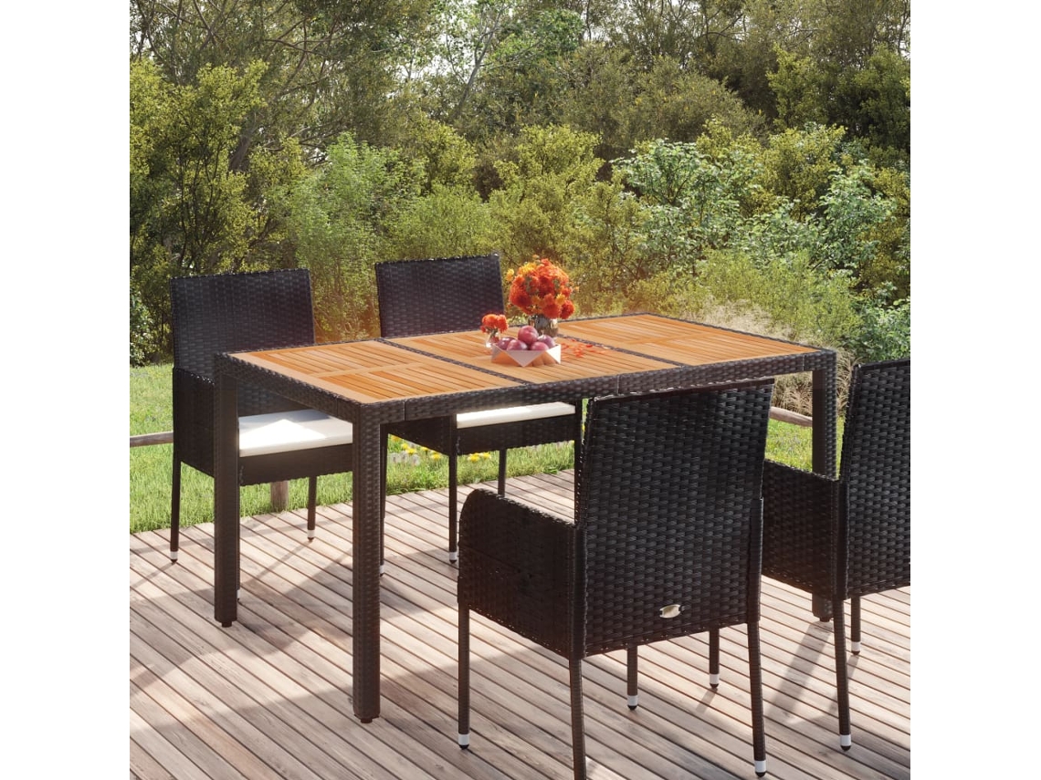 Mesa de jardín LOVELY HOME con tapa de madera de mimbre y patas negras (150 x 90 x 75 cm)