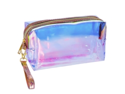 HYMNORA Bolsa de maquillaje holográfica semitransparente, espaciosa y con base cuadrada para viajes y uso diario.