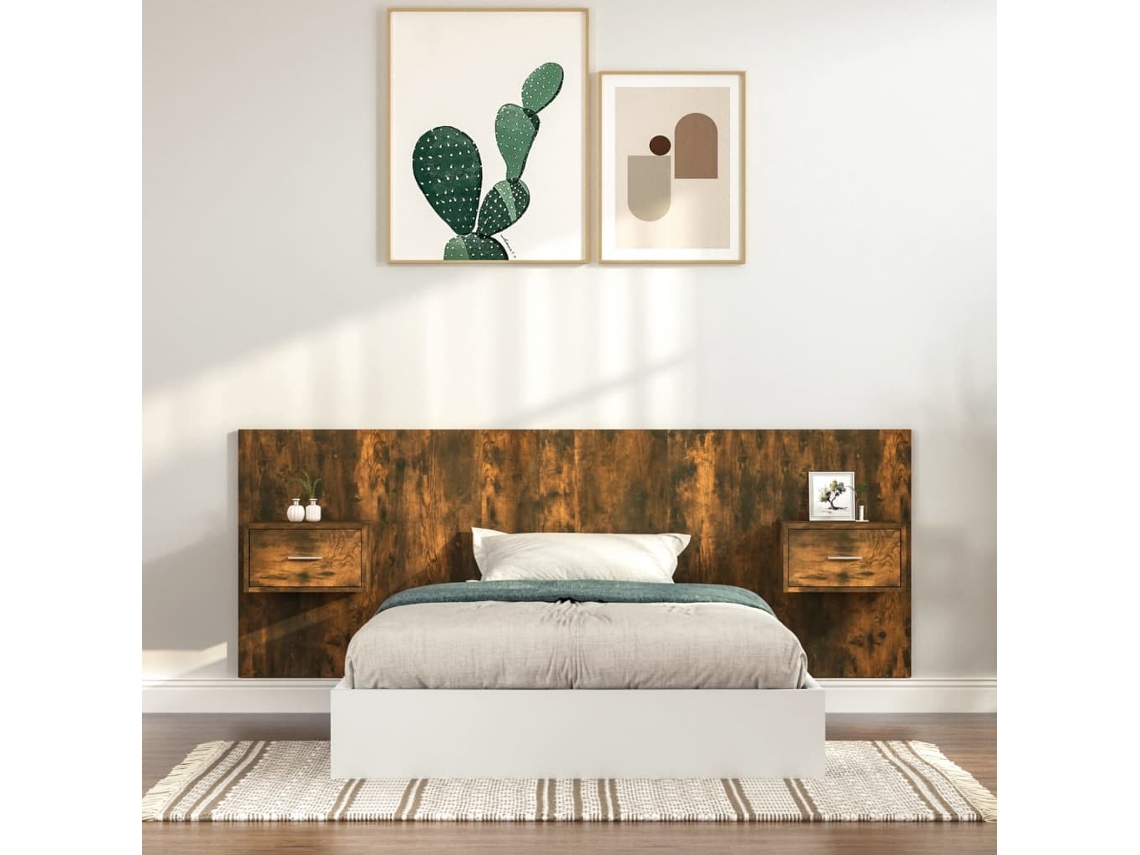 Cabecero De Cama Con Mesitas Madera Contrachapada Roble Ahumado
