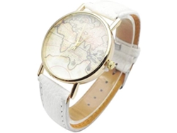 Reloj De Pulsera De Mujer Con Mapa Mundial Cuarzo Dial Redondo Correa De Cuero Blanco