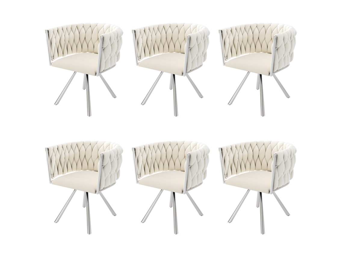 Juego de 6 sillas giratorias de terciopelo con reposabrazos, patas de metal plateado, color beige Mobrio