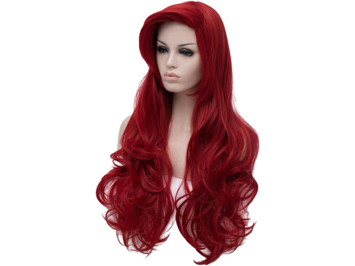 1 Peluca larga rizada con encaje, estilo fantasía, color rojo vino.