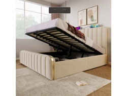 Cama Tapizada De 180x200 Cm, Cama Doble Con Cabecero Dorado, Usb-c, Sistema Hidráulico, Color Beige.