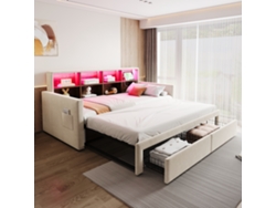Cama Retráctil 90/180x190 Cm, Poltrona Cama Con Led, Usb, Cabecera Con Almacenaje, 2 Cajones, Terciopelo Beige