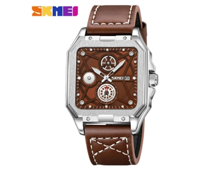 Relojes cuadrados para hombres Reloj de cuero de moda de negocios Relojes de pulsera impermeables-Esfera de café de concha plateada LUUCOZK