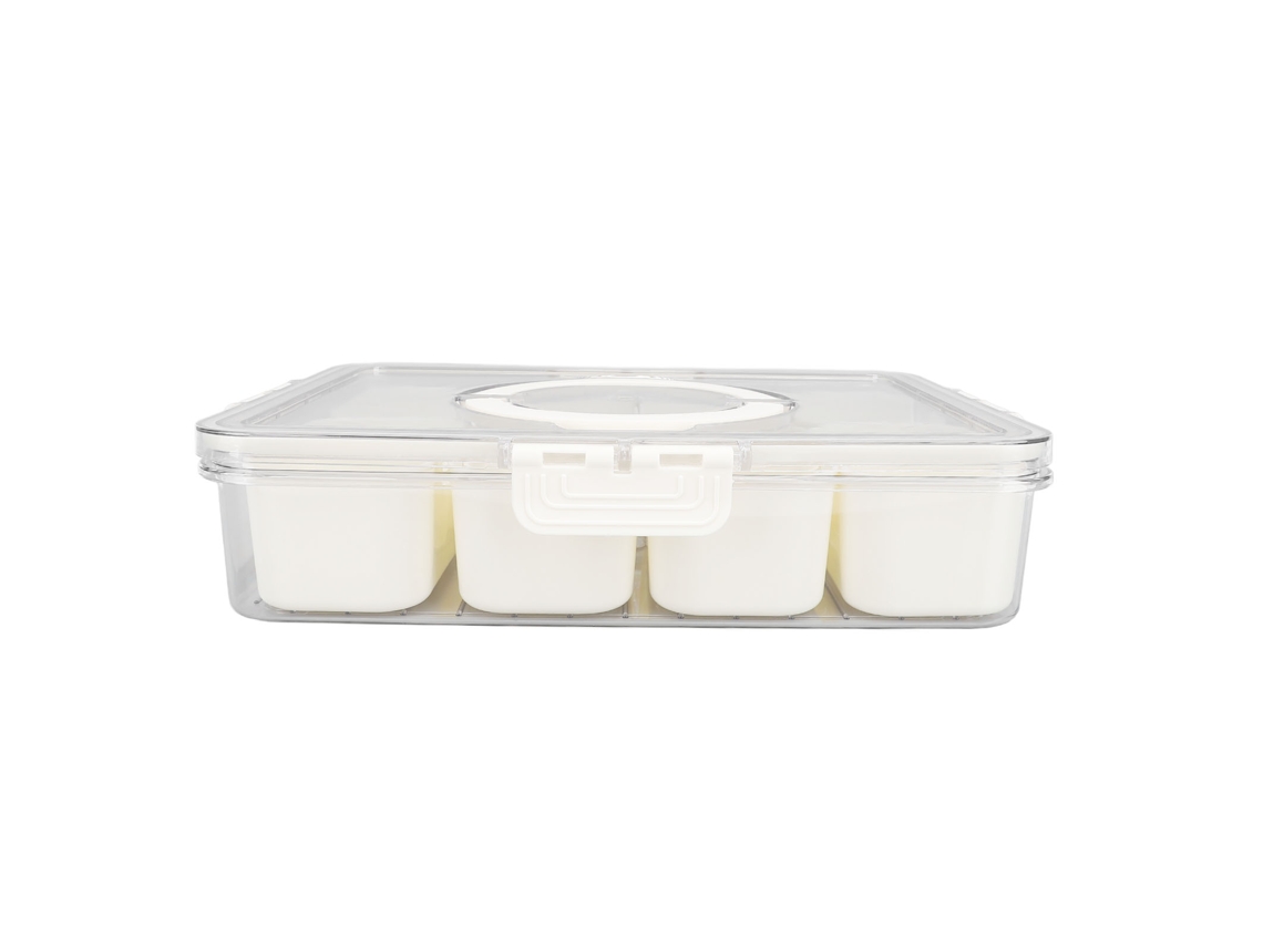 Recipiente con tapa transparente y compartimentos, 8 compartimentos, portátil para aperitivos, hierbas y frutos secos (sin marca).