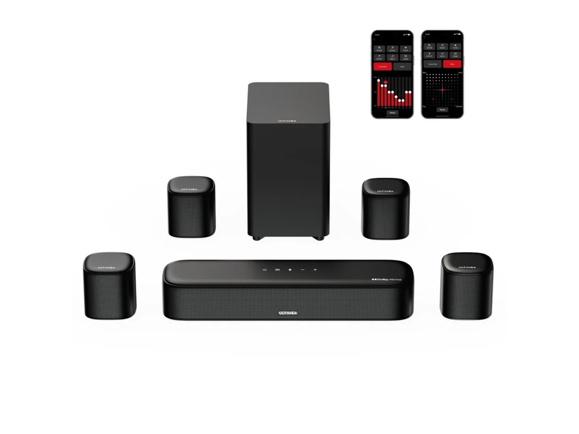 Soundbar Ultimea Aura A60 7.1 Control Por App Inteligente Y Voz Tecnología Bassmx Potencia De Pico De 350w Hdmi Earc 4 Altavoces Surround