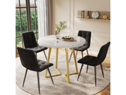 Juego De Comedor 5 Piezas, Mesa Redonda Ø80 Cm, Tablero Mdf Blanco, Patas Doradas, Sillas De Terciopelo Negro