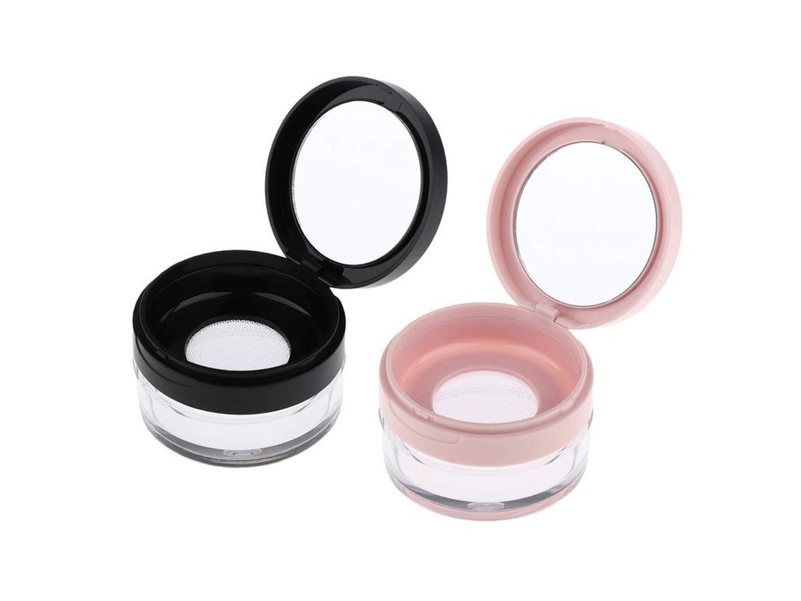 2 Envases De Plástico De 20 Ml Para Polvos Sueltos Con Esponja, Espejo Y Malla Elástica Para Maquillaje Casero.
