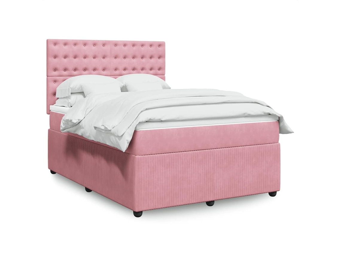 Cama Box Spring Con Colchón Terciopelo Rosa 140x200 Cm