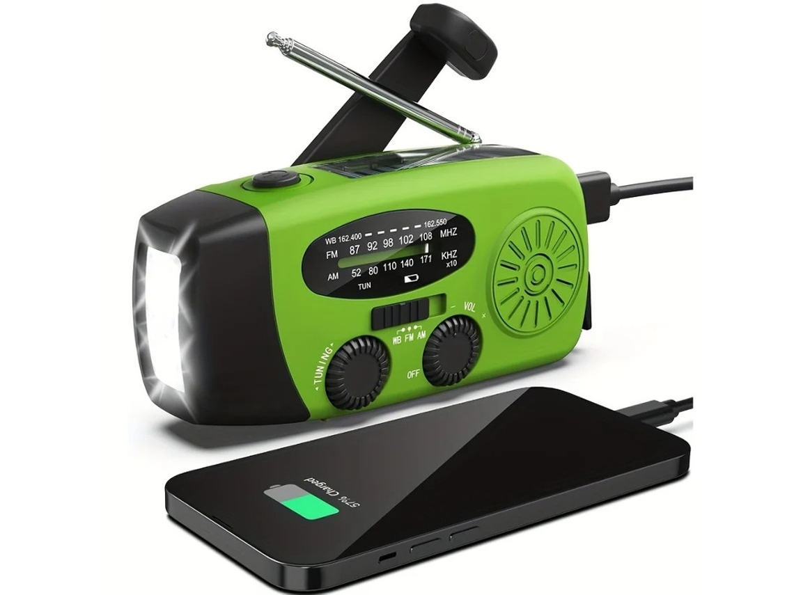Radio solar de emergencia BESTVITE de 2000 mAh con generador de energía y linterna (verde)