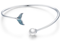 Pulsera Abierta Para Mujer En Plata De Ley 925 Con Diseño De Cola De Sirena Azul, Adorno Para La Mano
