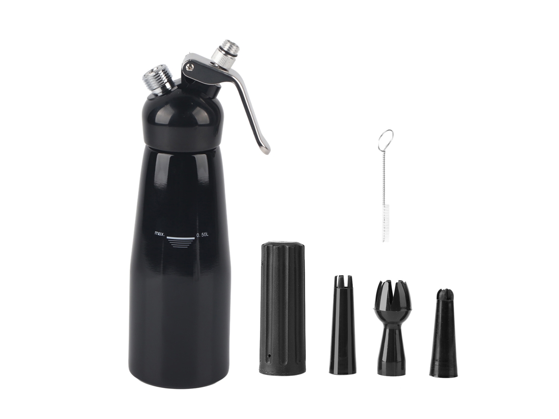 Dispensador De Crema Batida De Aluminio Negro De 500 Ml Para Pasteles, Café Y Capuchino Con Boquillas.