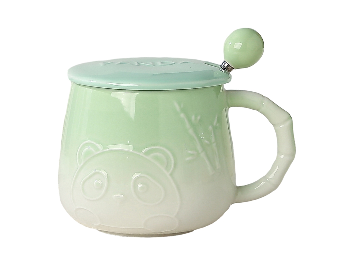 Taza de agua de 400 ml, taza de cerámica de panda en relieve con tapa y cuchara, taza de leche de alto valor para el hogar NEVEANCE