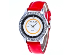 Reloj De Cuarzo Con Piedras Strass Moda Correa De Cuero Rojo Zhoulianfa