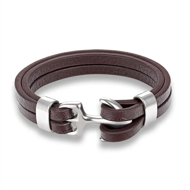 Pulsera De Ancla De Cuero Genuino Para Hombre, Pulsera Con Colgante De Acero Inoxidable