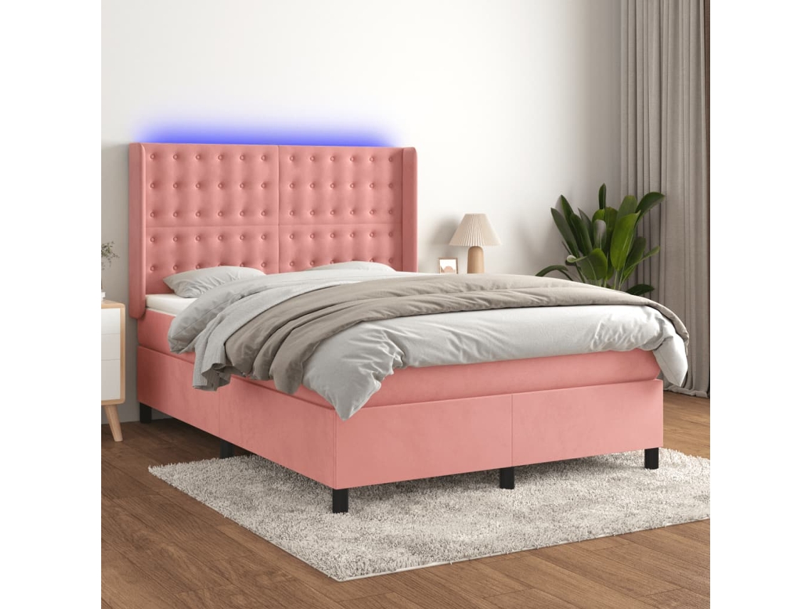 Cama Box Spring Colchón Y Led Terciopelo Rosa 140x200 Cm