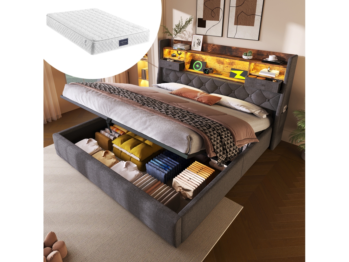 Cama Tapizada En Gris De 140x200 Cm, Compartimento De Almacenamiento Hidráulico, Iluminación Led, Somier De Láminas.