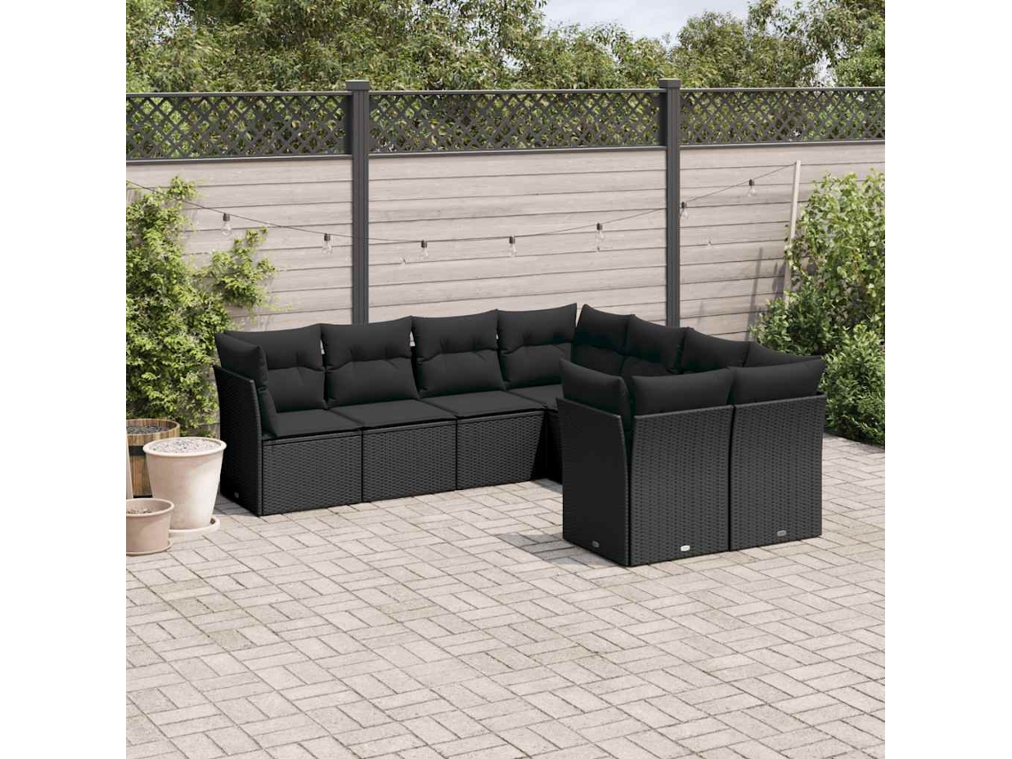 Conjunto de 8 sofás de jardín con cojines de mimbre sintético negro, Dkd Home Decor