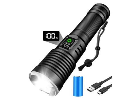 BISBISOUS Linterna LED Recargable de 15.000 Lúmenes con Pantalla LCD de Potencia Batería de 5000 Mah Enfoque Ajustable 5 Modos de Luz Negro VIGA EU...