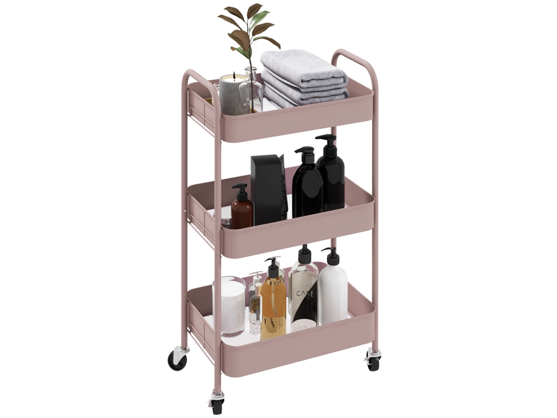 Carrito Organizador De Acero De 3 Cestas Para Sala De Estar, Oficina, Cocina, Rosa, 45x30.6x79