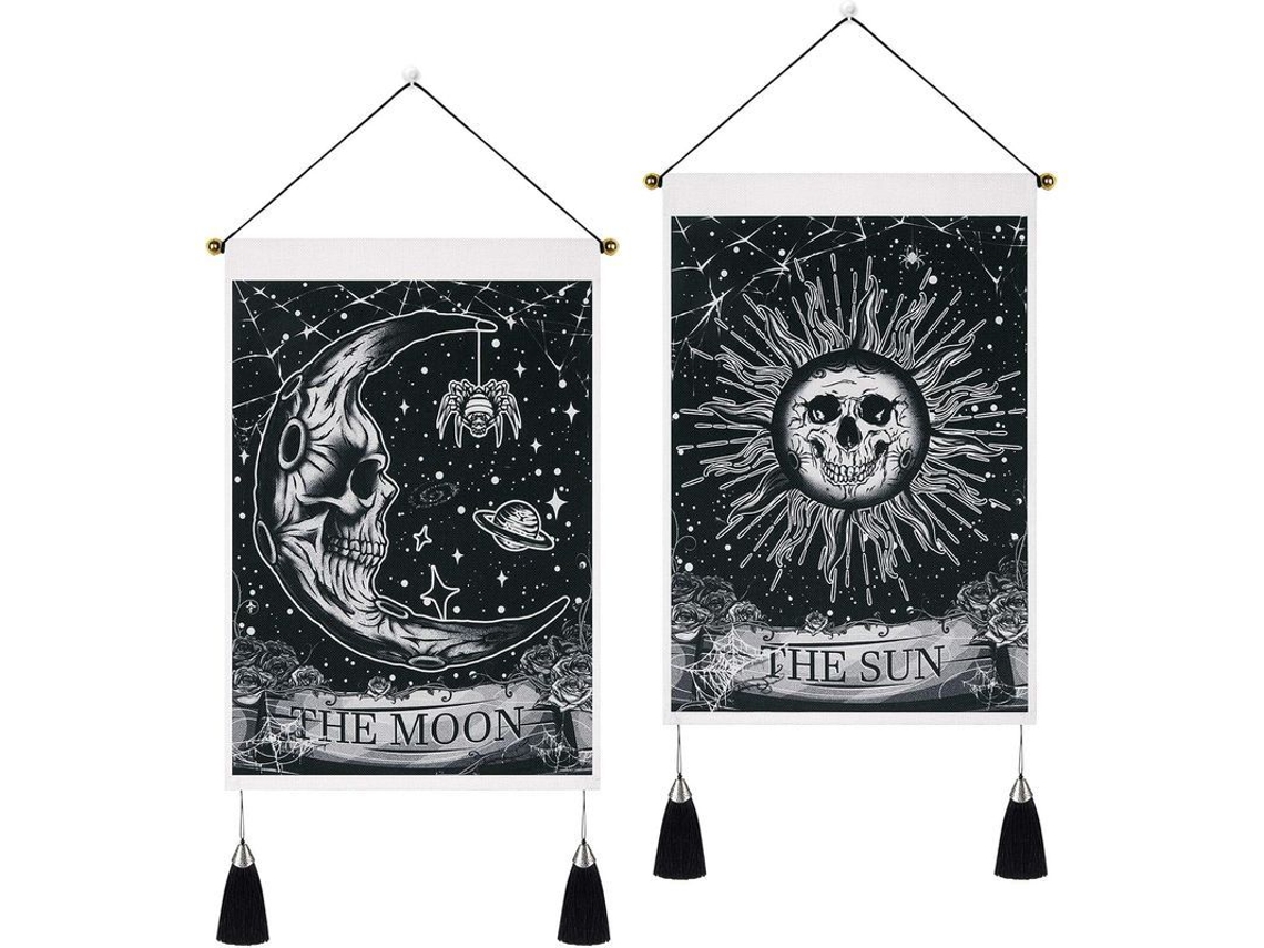 Juego De 2 Pequeños Tapices Góticos Con Flecos, Decoración De Pared Gótica Con Calavera, Sol Y Luna, 35x50 Cm