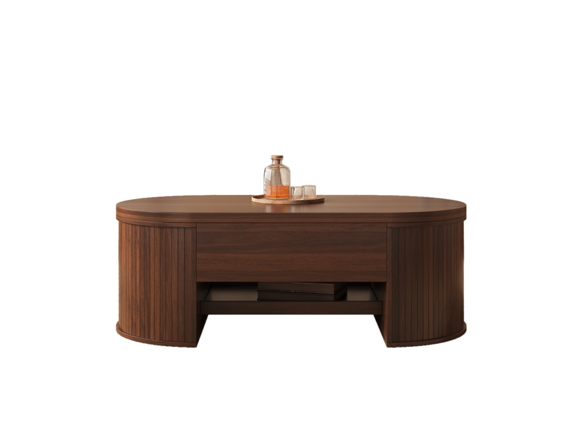 Mesa De Centro Curva De Madera Con Estante Retráctil.