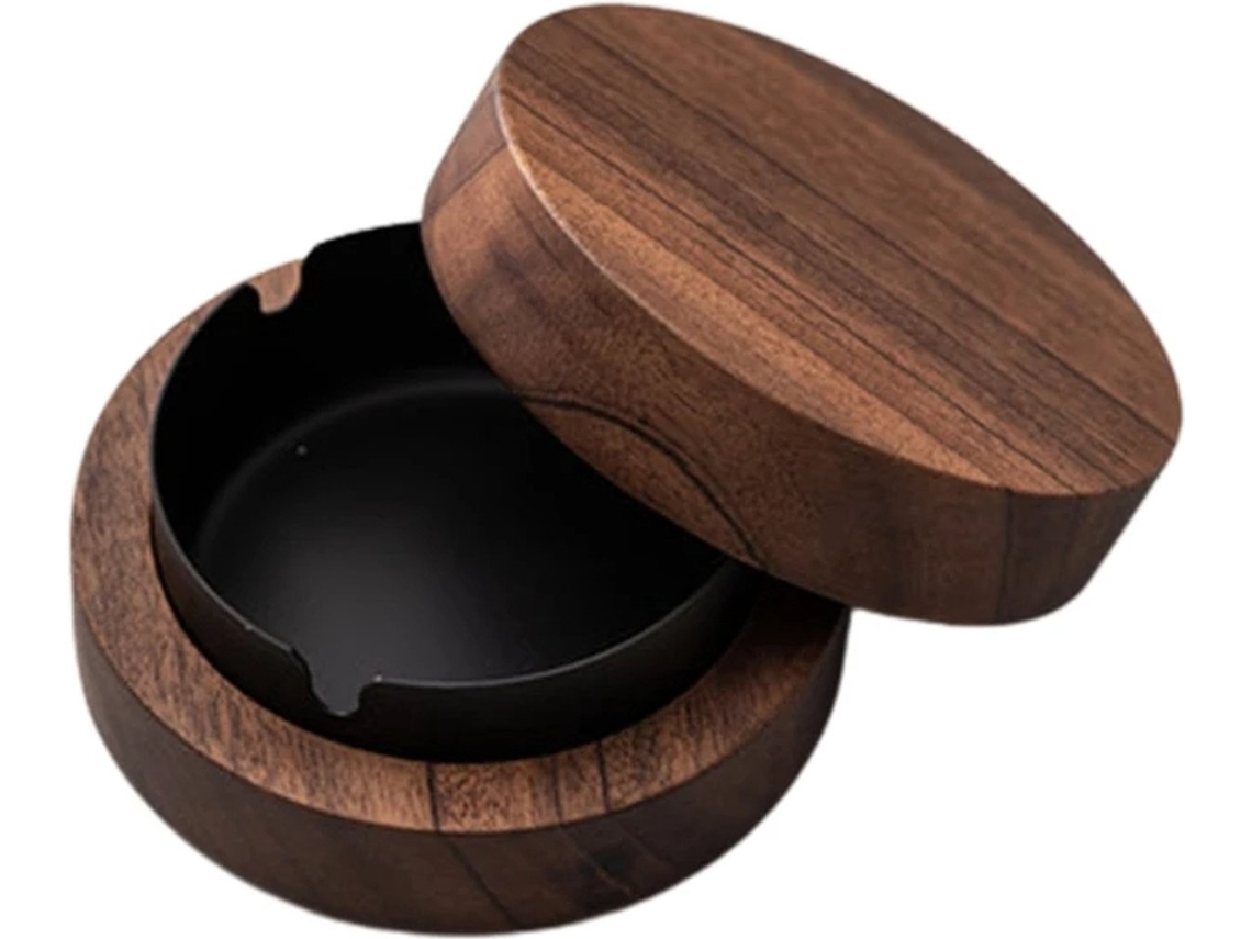 Cenicero Premium Madera Nogal Inox Con Tapa Antiviento Para Interior Exterior Coche Patio
