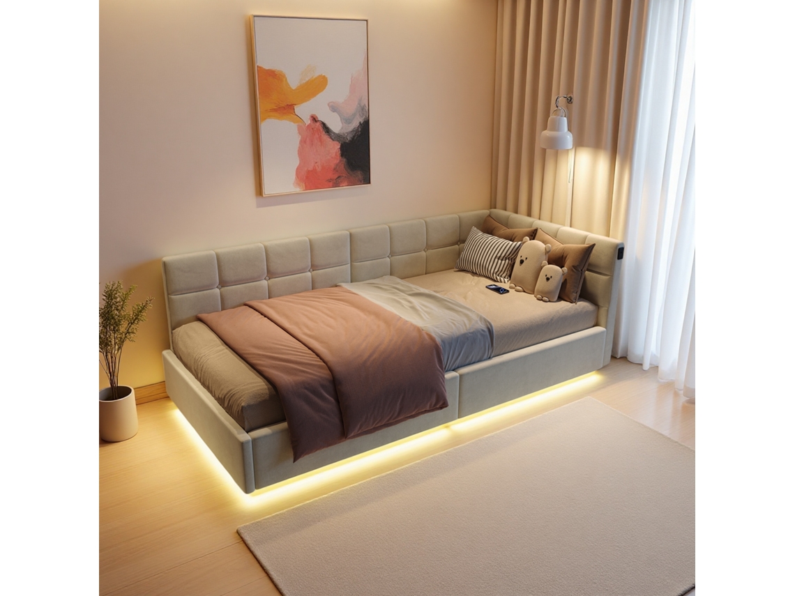 Sofá cama 90x200cm con LED, USB y almacenaje hidráulico, en terciopelo blanco para salón Rosahqnda