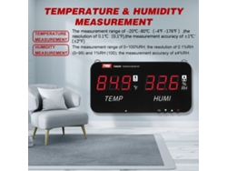 Medidor de temperatura y humedad con pantalla LED digital para montaje en pared, uso industrial, agrícola, residencial, interior y exterior.