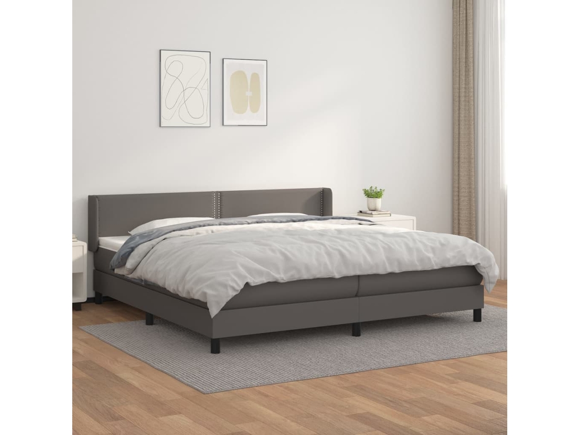 Cama Box Spring Con Colchón Cuero Sintético Gris 200x200 Cm