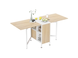 Mesa de comedor plegable para 4 personas con 4 compartimentos, MDF de roble claro y estructura de acero blanco.