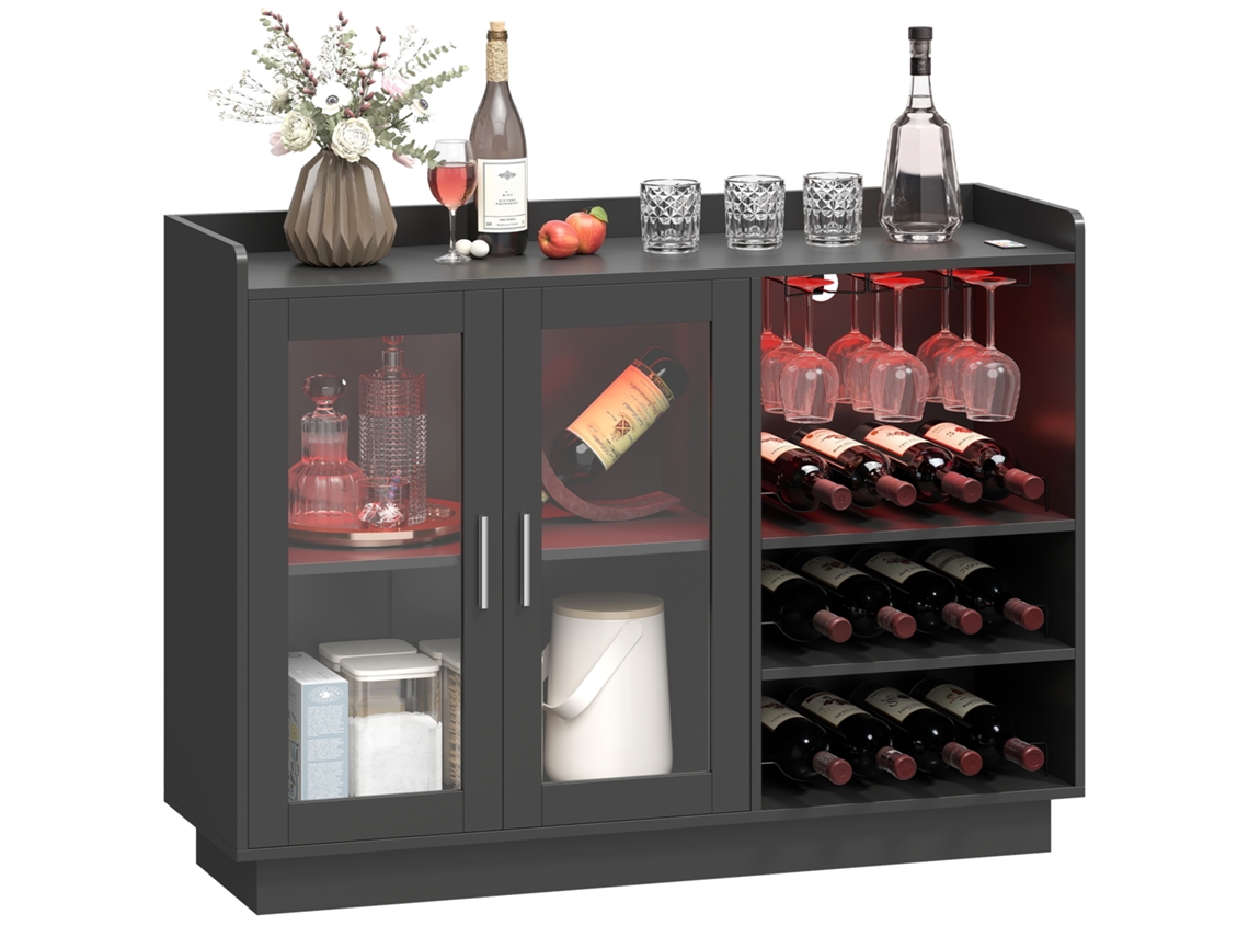 Mueble De Bar Con Luces Led Rgb Y Botellero Para 12 Botellas Armario Buffet Para Vinos Para Comedor Salón Negro