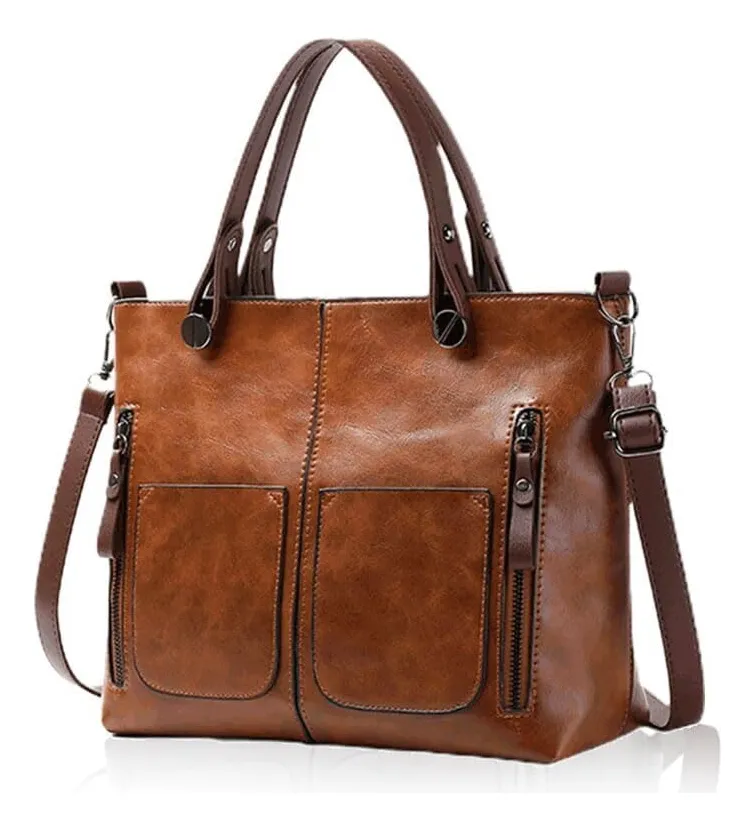 Bolso de piel vintage, bolso multibolsillos, bolso de hombro