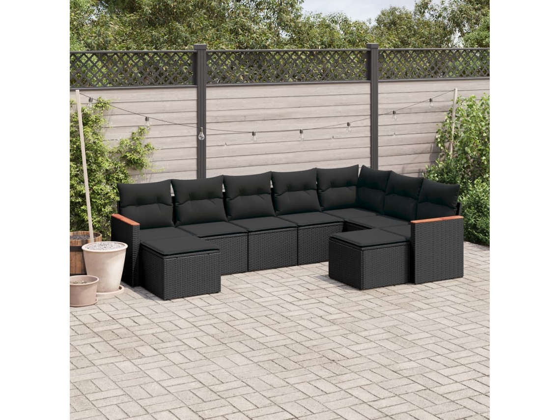 Conjunto de sofá de jardín de 9 piezas con cojines, ratán negro, Dkd Home Decor