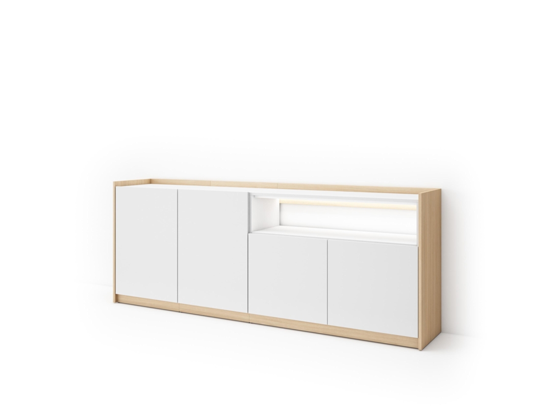 Aparador Para Salón, 207x37x80cm, 4 Puertas, Led, Blanco Y Roble Soft
