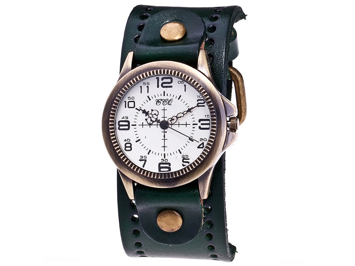 Reloj De Pulsera Retro Punk Para Hombre/mujer Con Esfera Metálica Y Correa De Pu Verde.