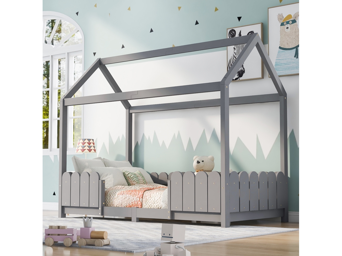 Cama Con Forma De Casa De 90x200 Cm, Con Estructura De Madera, Color Gris.