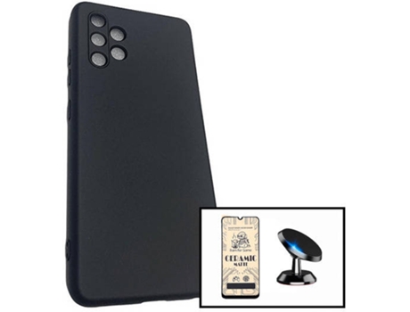 Kit Cristal Templado CeramicGlass Full Cover, Funda Silicona y Soporte Magnético de Coche Samsung Galaxy A32 4G PHONECARE Negro