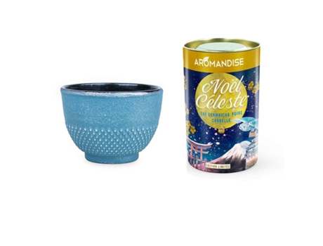 Té japonés de Navidad Celestial Genmaicha, pera, canela 80 g + Taza de hierro fundido azul y plata