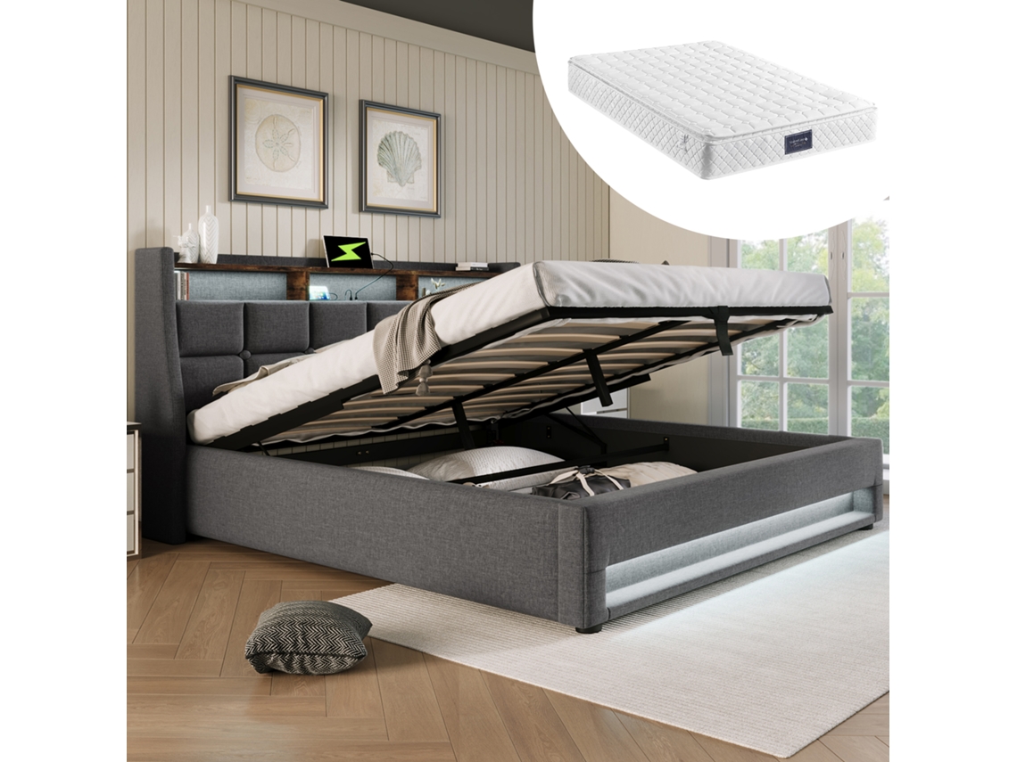 Cama de matrimonio tapizada 160x200cm de lino con USB y LED, estructura metálica con listones, ideal para jóvenes con colchón
