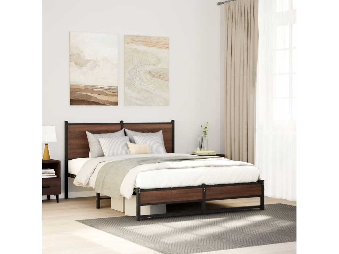 Estructura De Cama Sin Colchón Metal Marrón Roble 150x200 Cm