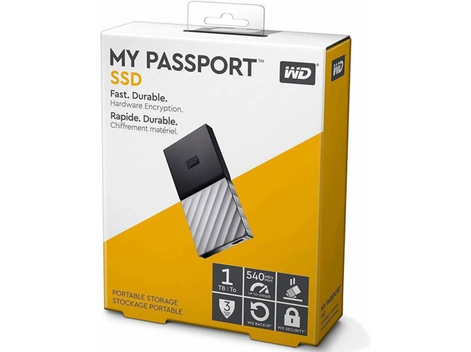 Disco SSD Externo SSD WESTERN DIGITAL  My Passport (1 TB - USB 3.1 - 540 MB/s) — 540 MB/sResistente al choque | Copia de Seguridad automática