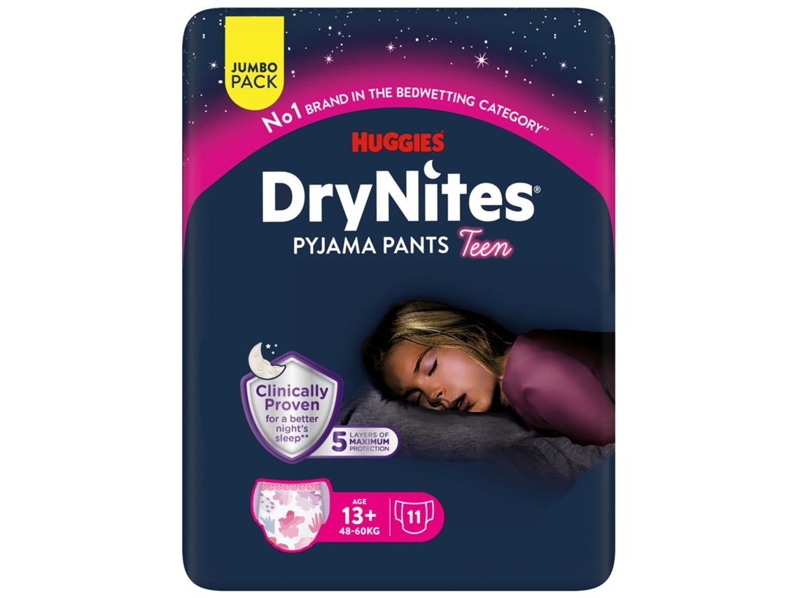 Pañales Huggies Drynites para niñas, tallas de 48 a 60 kg, mayores de 13 años.