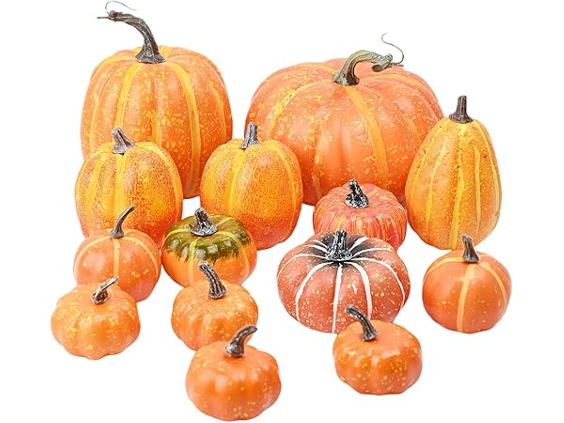Juego de 16 calabazas artificiales, ideales para decoraciones de Halloween y Acción de Gracias, ergonómicas, para uso diario STELASPLEN