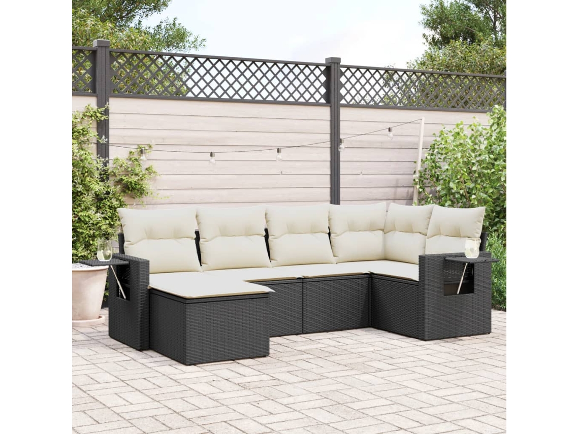Conjunto de sofá de jardín de 6 piezas con cojines, mimbre sintético negro, DKD Home Decor
