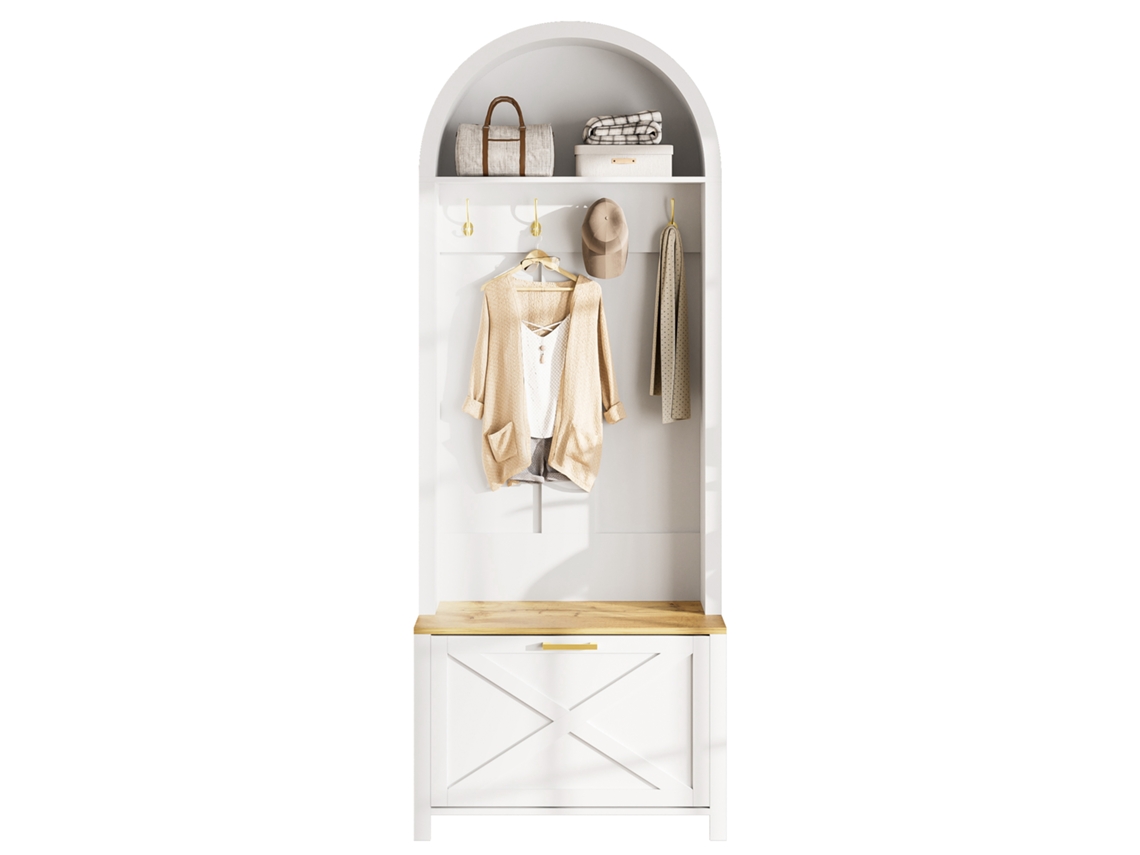 Mueble Recibidor Multifuncional 75 L X 35 B X 195 H - Estante Para Zapatos, Ganchos, Diseño Moderno - Blanco, Madera