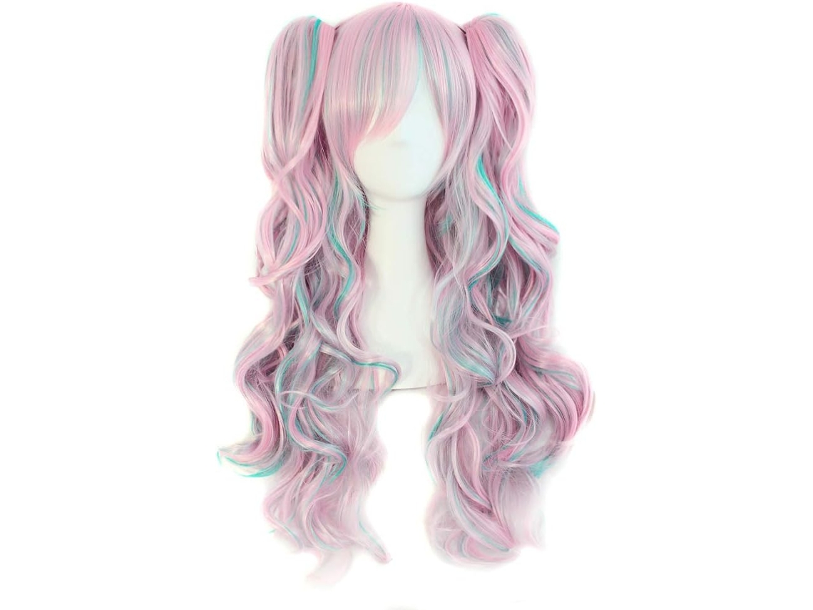 Perucas De Cabelo Ondulado Rosa E Verde-menta Com Rabo De Cavalo Duplo, Perfeitas Para Festas, Anime E Eventos De Fantasia.